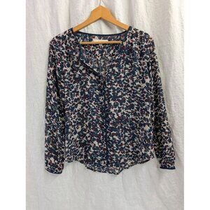 Loft women's extra small floral sheer blouse long sleeve navy & burgundy O2